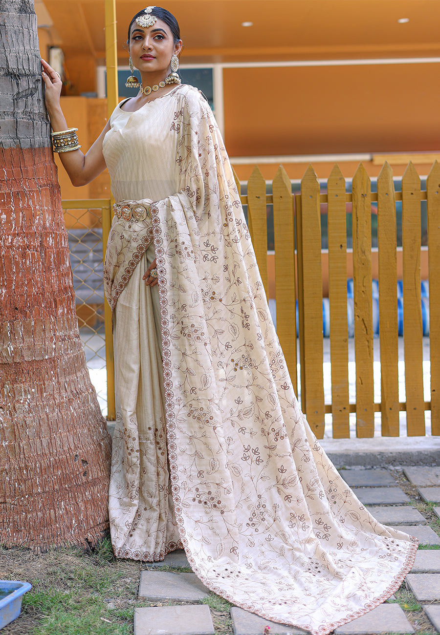 Buy MySilkLove Pearl White Embroidered Tussar Silk Saree Online