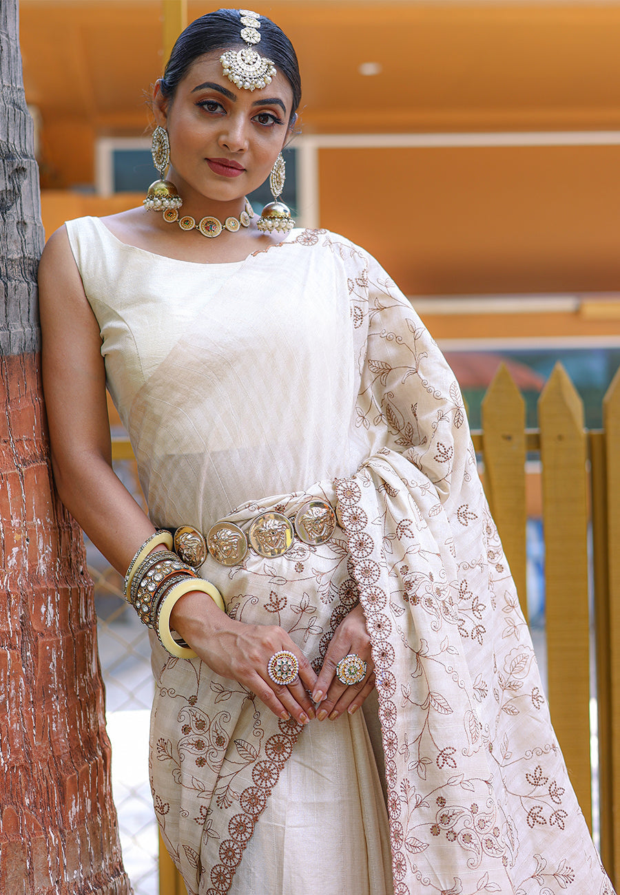 MySilkLove Pearl White Embroidered Tussar Silk Saree
