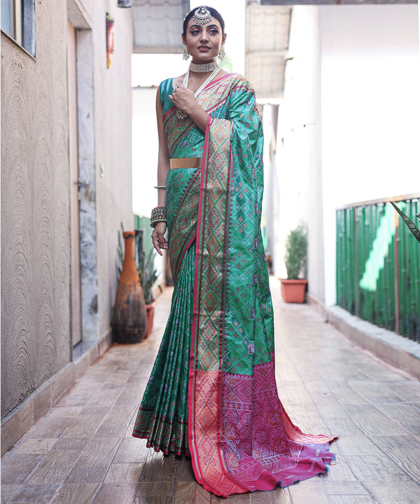 Malachite Green Woven Contrast Patola Silk Saree