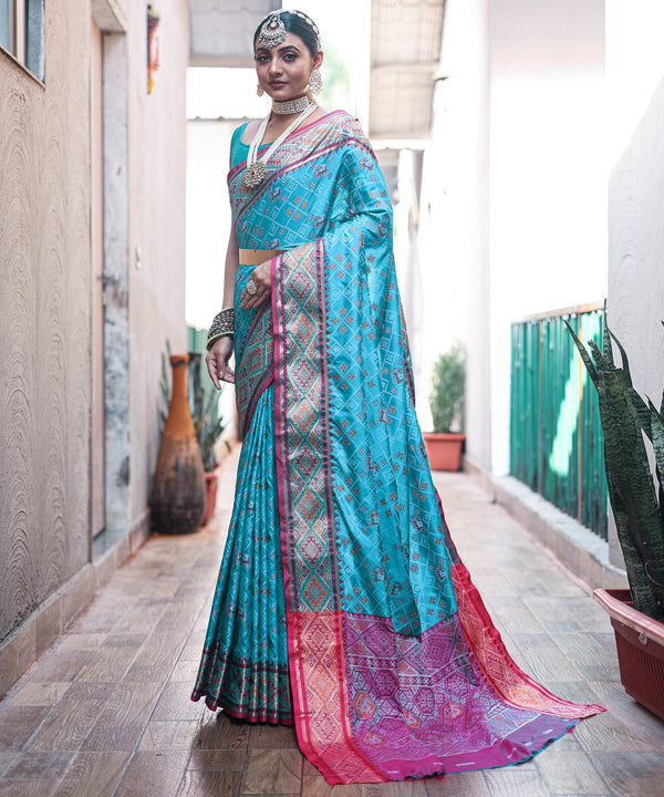 Fountain Blue Woven Contrast Patola Silk Saree