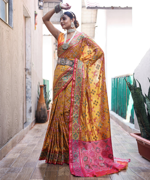 Equator Yellow Woven Contrast Patola Silk Saree