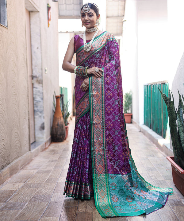 Plum Purple Woven Contrast Patola Silk Saree