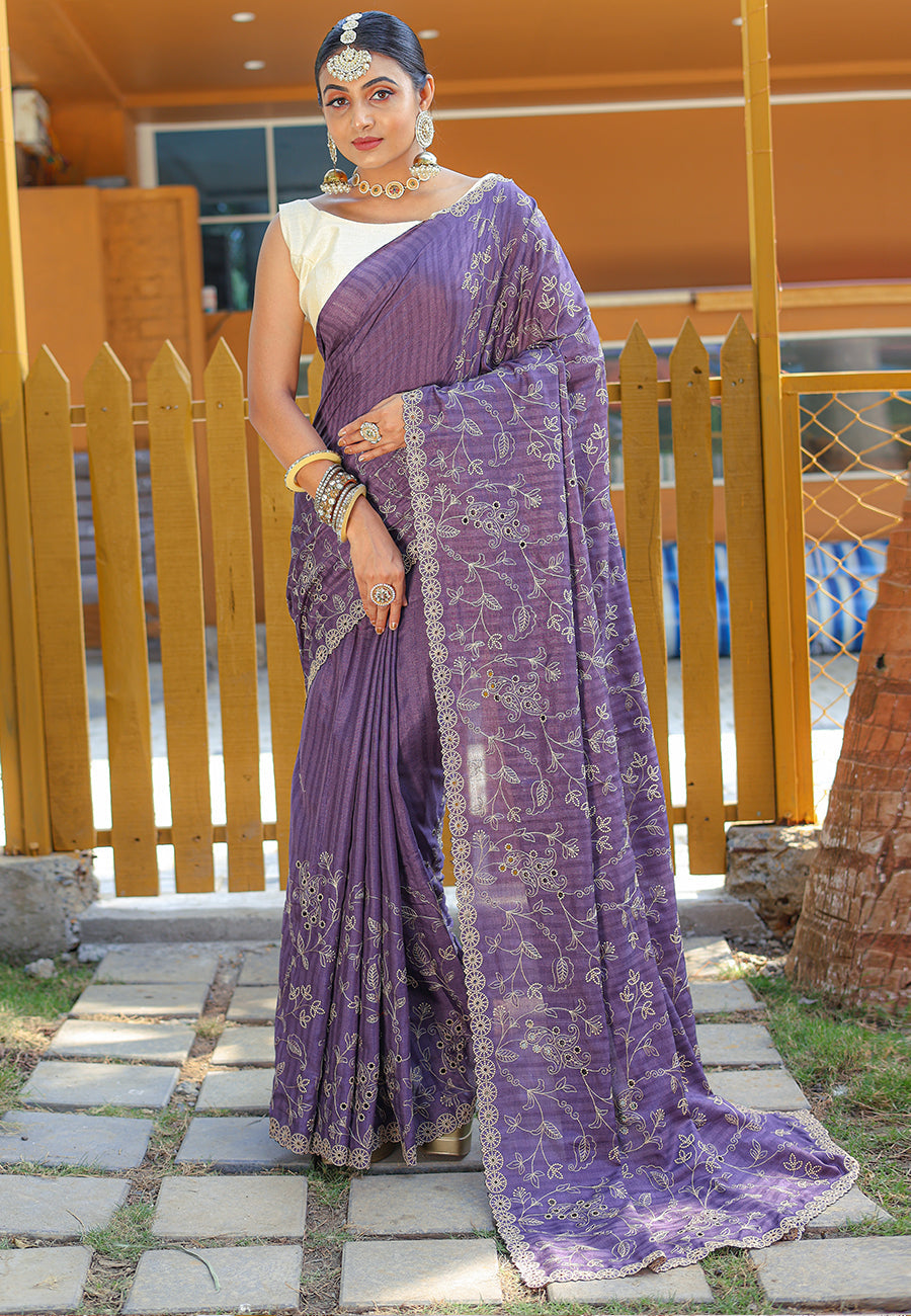 MySilkLove Strikemaster Purple Embroidered Tussar Silk Saree