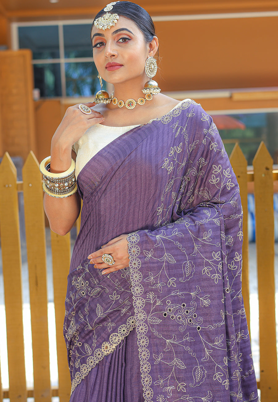 Buy MySilkLove Strikemaster Purple Embroidered Tussar Silk Saree Online