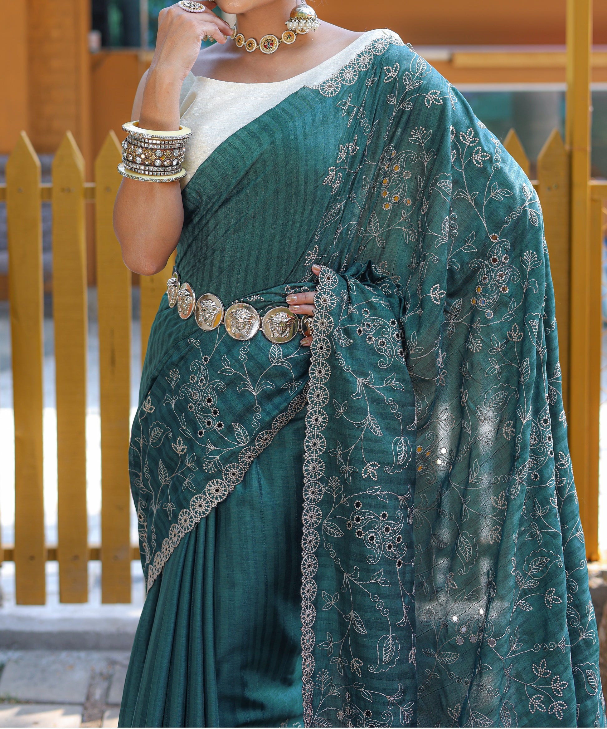 Buy MySilkLove Deep Space Sparkle Green Embroidered Tussar Silk Saree Online