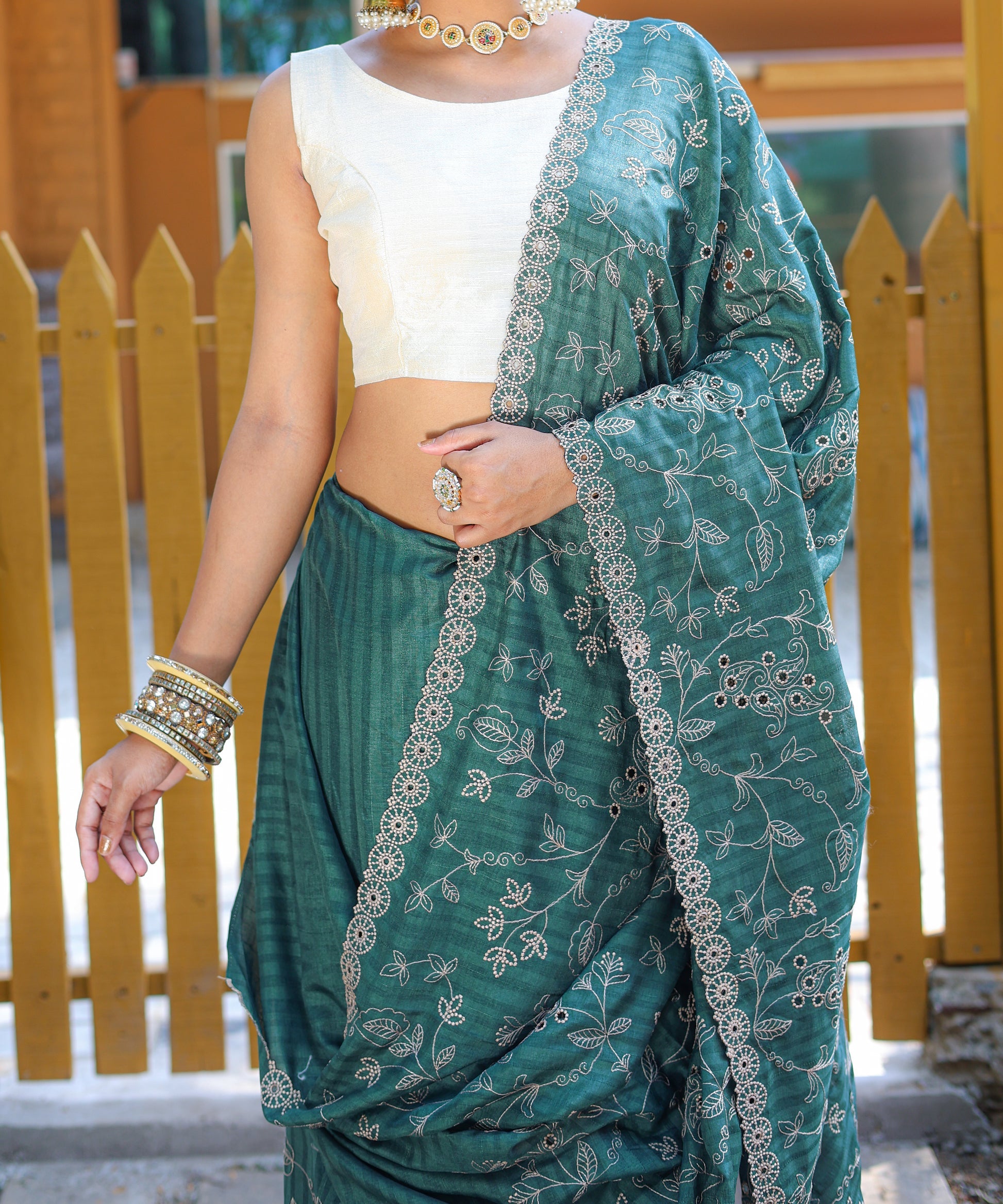 Buy MySilkLove Deep Space Sparkle Green Embroidered Tussar Silk Saree Online