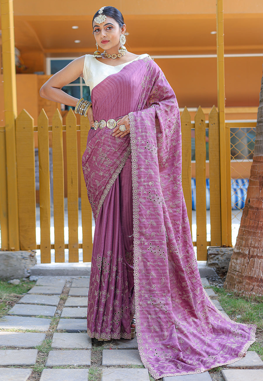Buy MySilkLove Pearly Purple Embroidered Tussar Silk Saree Online