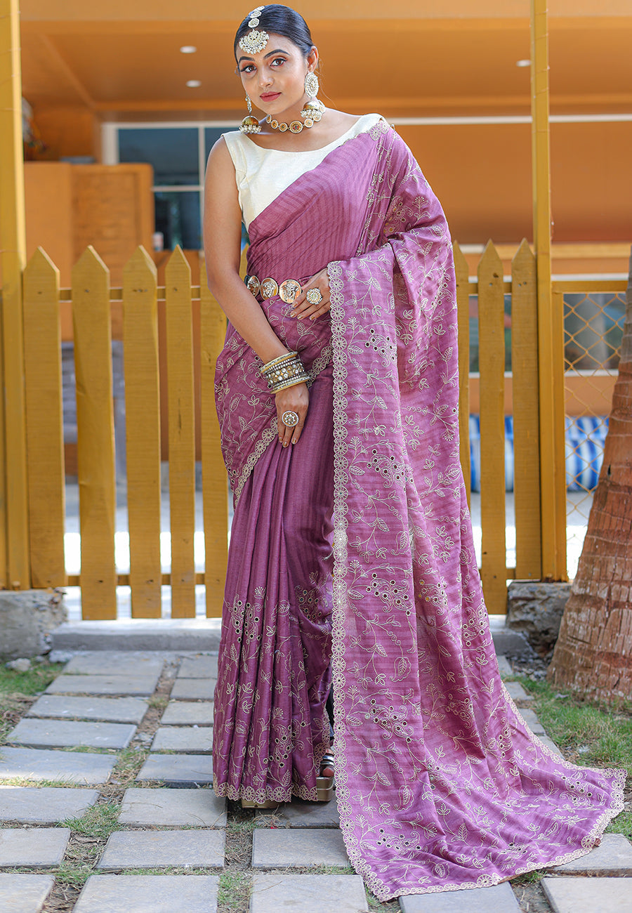 MySilkLove Pearly Purple Embroidered Tussar Silk Saree