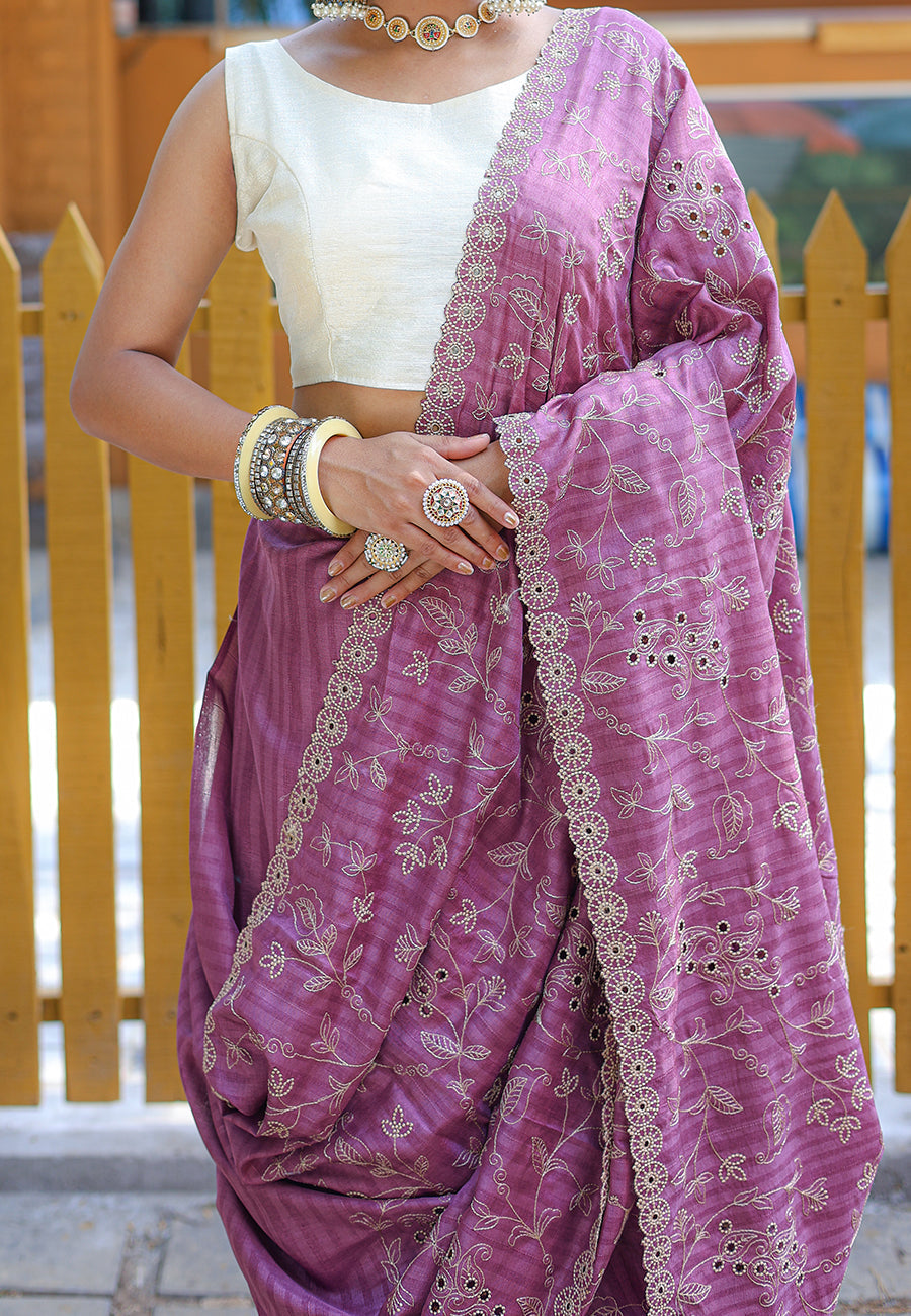 Buy MySilkLove Pearly Purple Embroidered Tussar Silk Saree Online