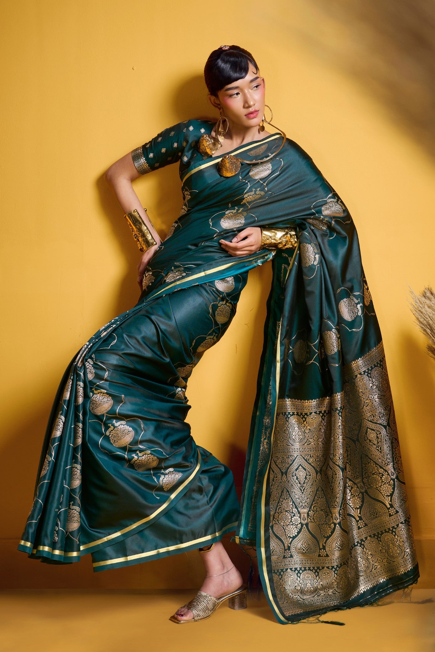 Buy MySilkLove Forest Green Handloom Satin Silk Saree Online