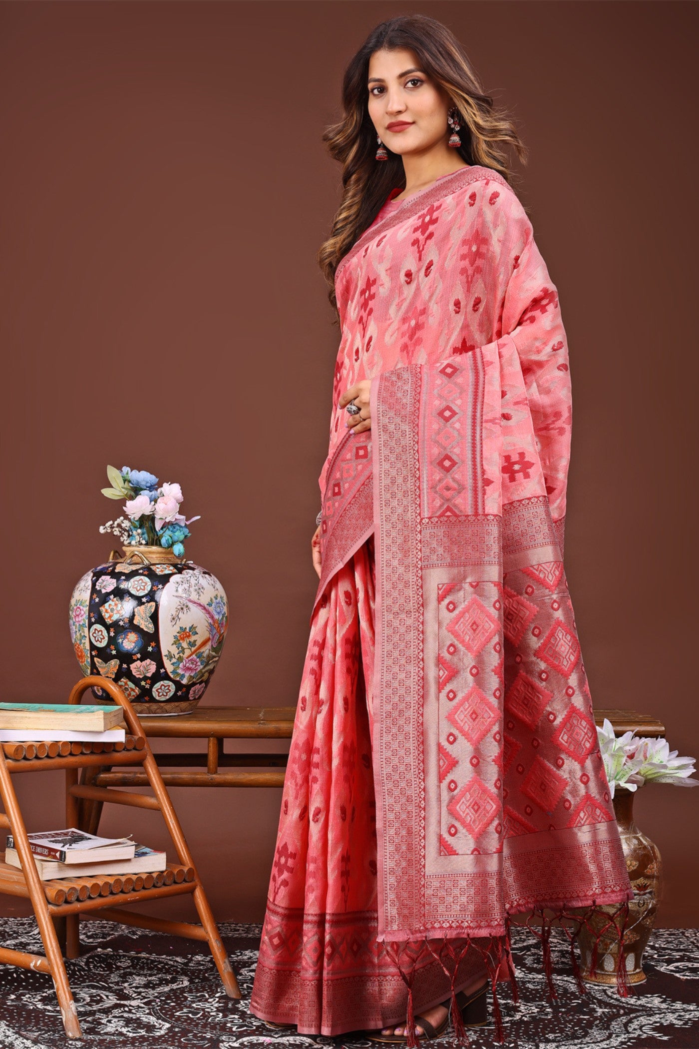 Buy MySilkLove Deep Peach Woven Linen Cotton Saree Online