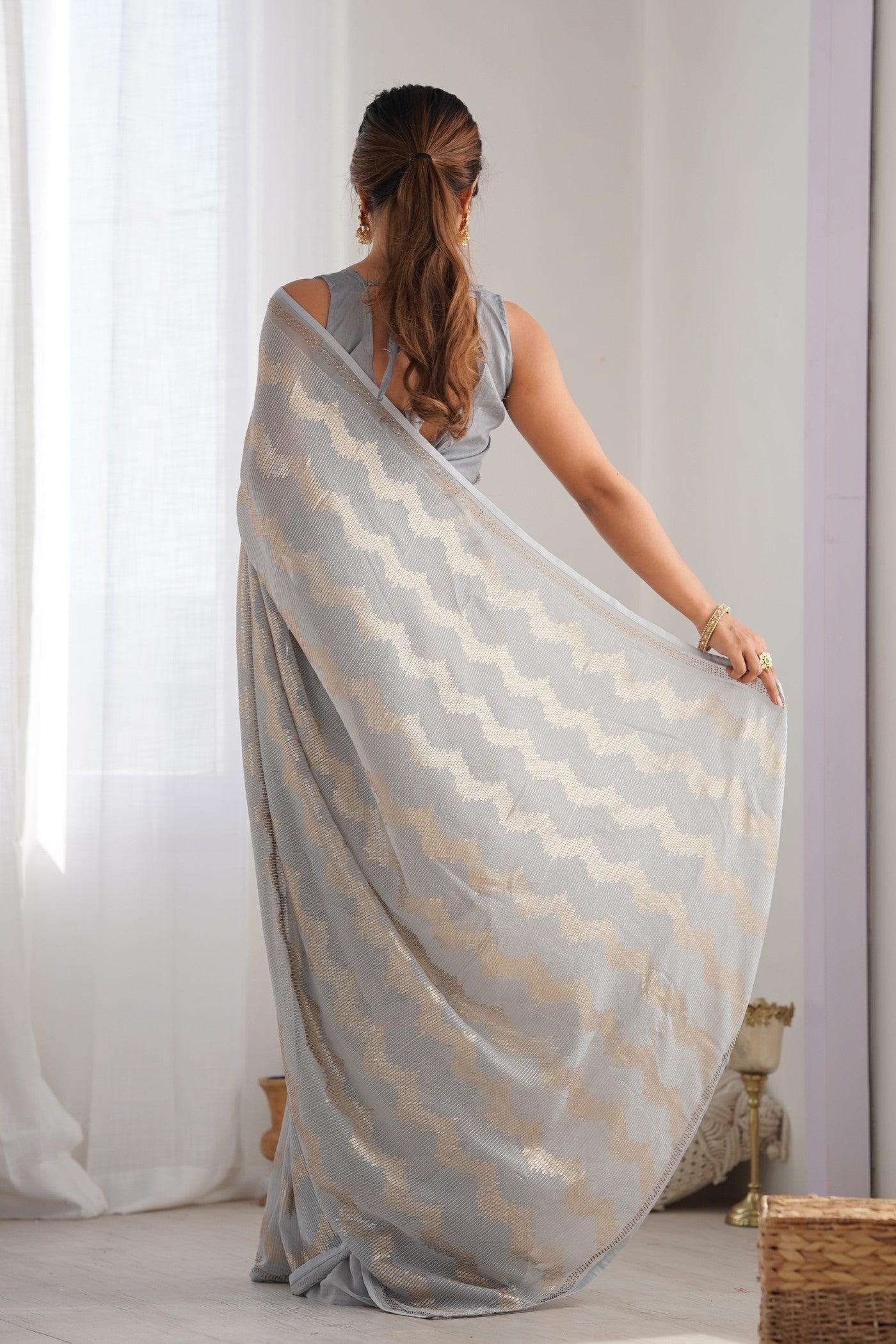 Buy MySilkLove Smokey Grey Embroidered Partywear Saree Online