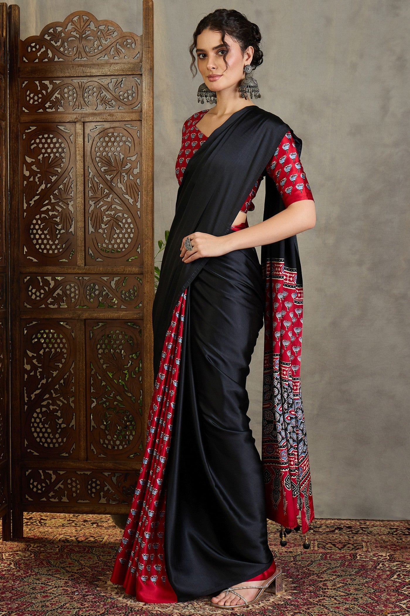 Buy MySilkLove Mini Black and Red Ajrakh Printed Satin Crepe Silk Saree Online