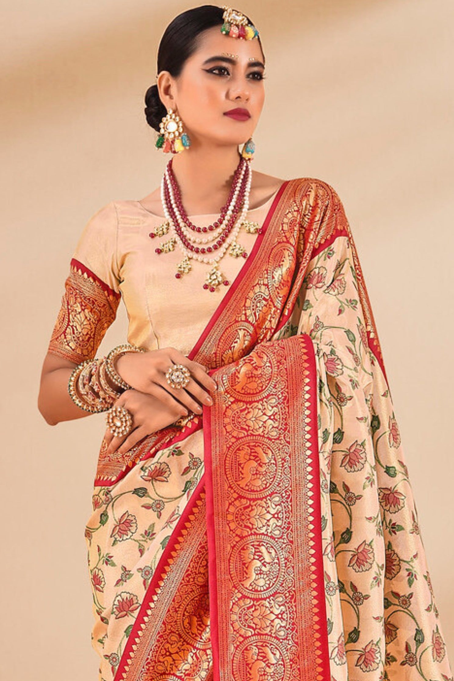 Buy MySilkLove Pancho Cream and Red Zari Woven Banarasi Saree Online