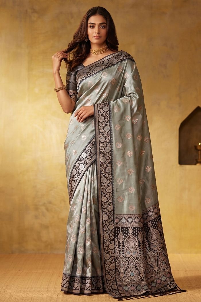 Buy MySilkLove Dove Grey Woven Banarasi Saree Online