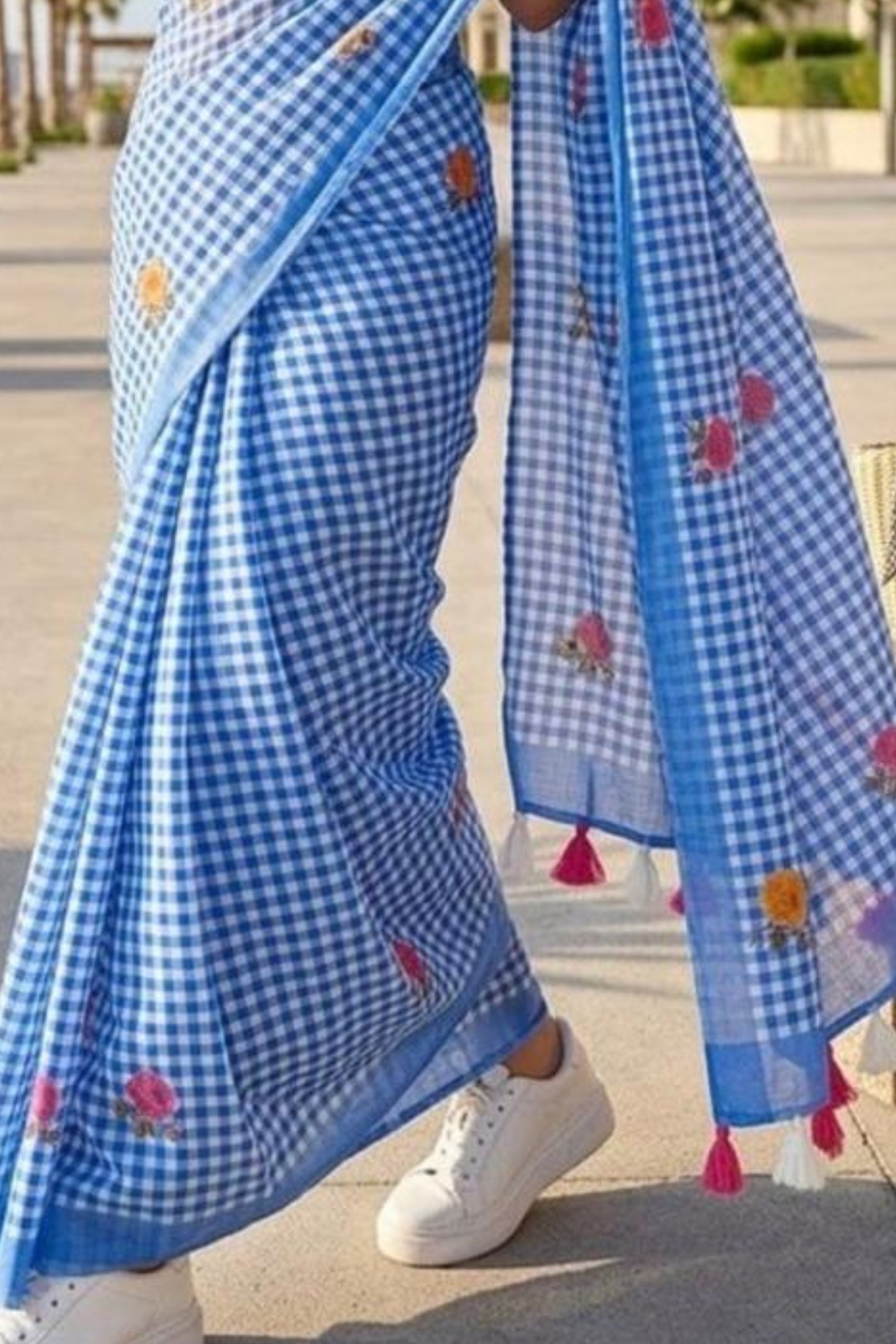 Buy MySilkLove Ink Blue Soft Linen Cotton Pinted Saree Online