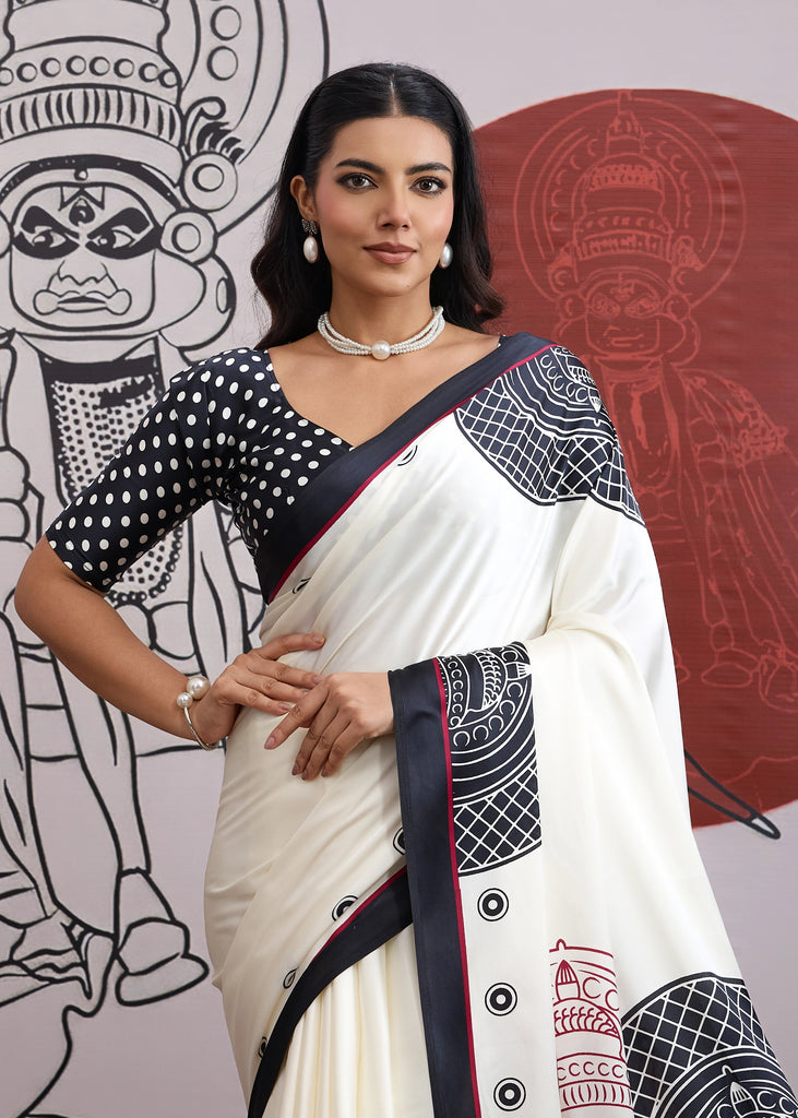 Buy MySilkLove Cool Black and White Printed Satin Crepe Silk Saree Online