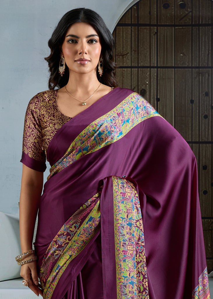 Buy MySilkLove Impurple Purple Printed Satin Crepe Silk Saree Online