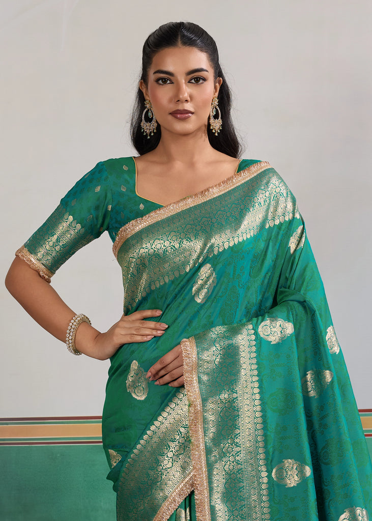 Buy MySilkLove Hunter Green Woven Banarasi Satin Silk Saree Online