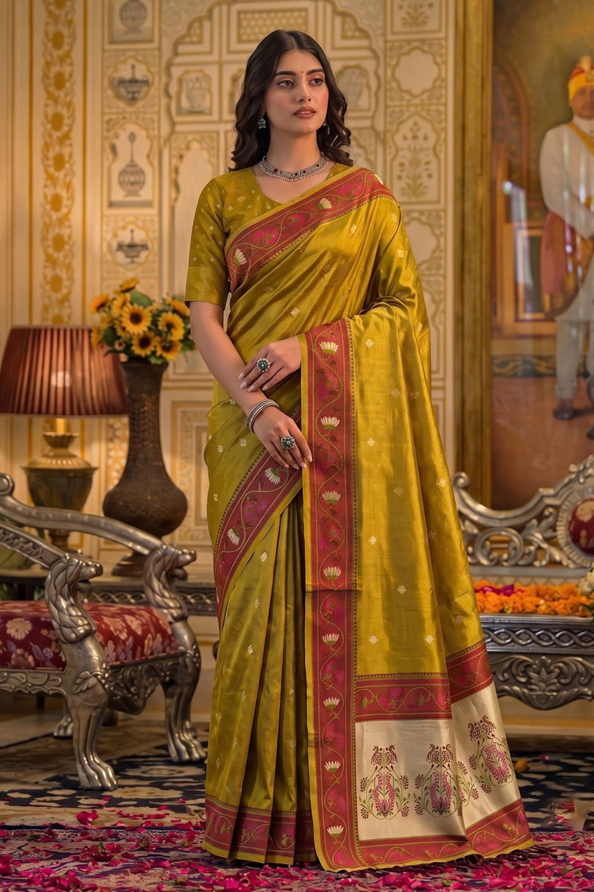 Buy MySilkLove Honey Yellow Woven Tissue Silk Saree Online