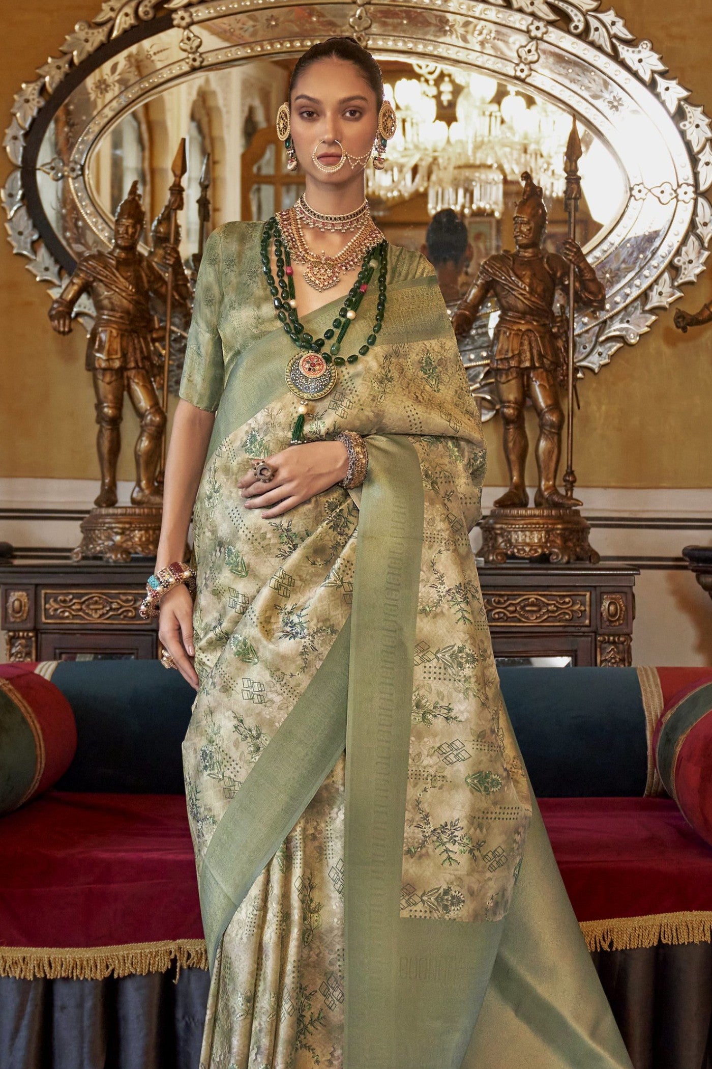 MySilkLove Gurkha Green Banarasi Digital Printed Saree