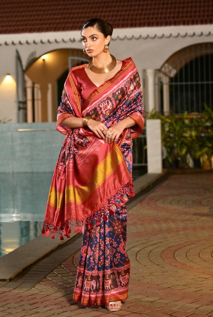 Buy MySilkLove Mulled Wine Blue Printed Patola Soft Silk Saree Online