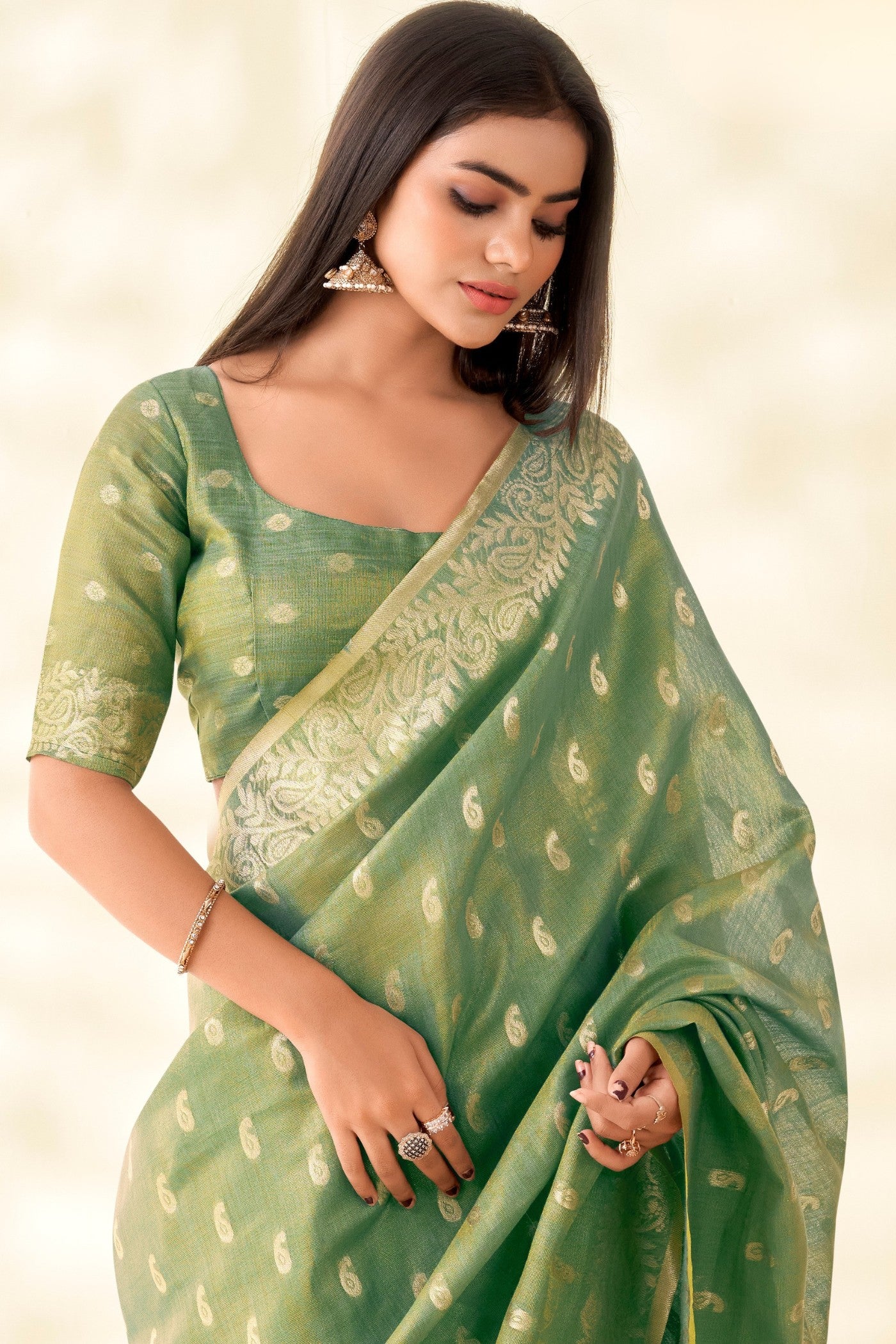 MySilkLove Fern Green Woven Tissue Linen Saree