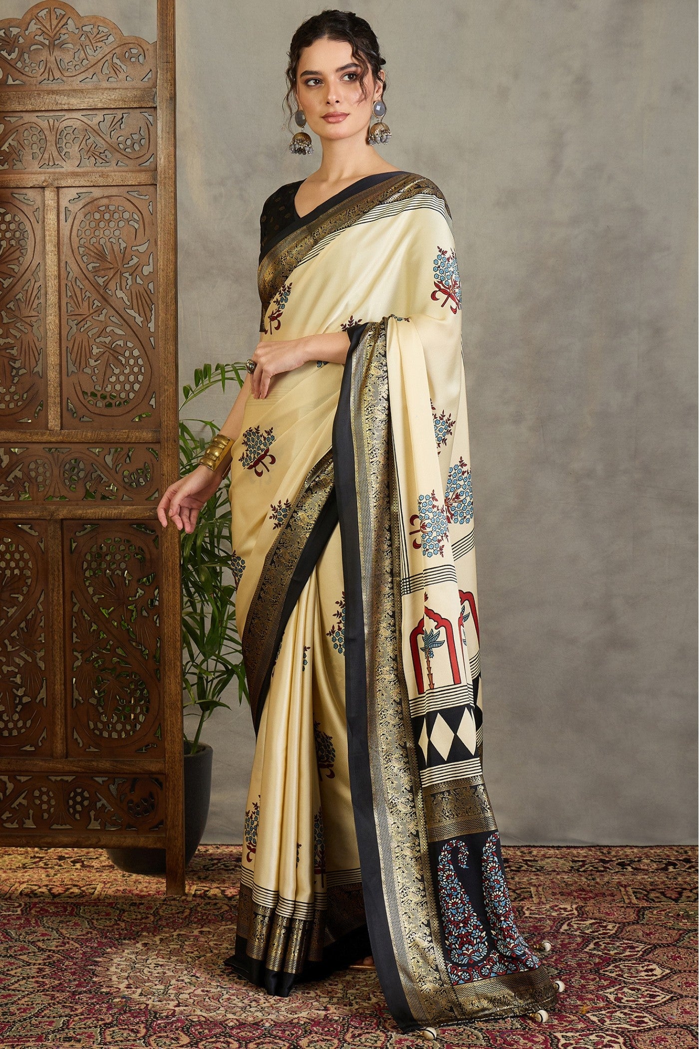 Buy MySilkLove Wheat Cream and Black Printed Satin Crepe Silk Saree Online