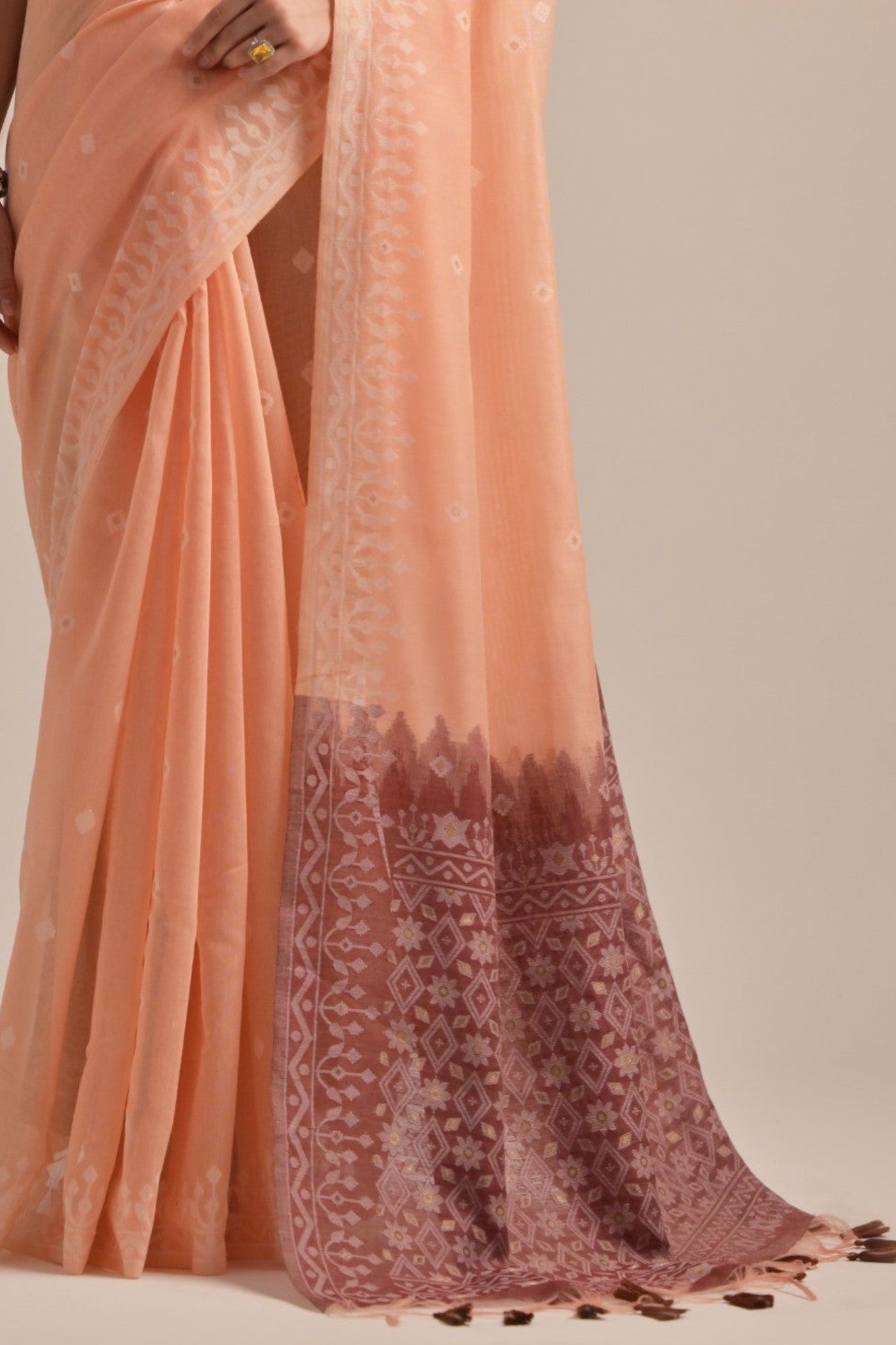 Buy MySilkLove Rose Bud Peach Lucknowi Woven Muga Cotton Saree Online