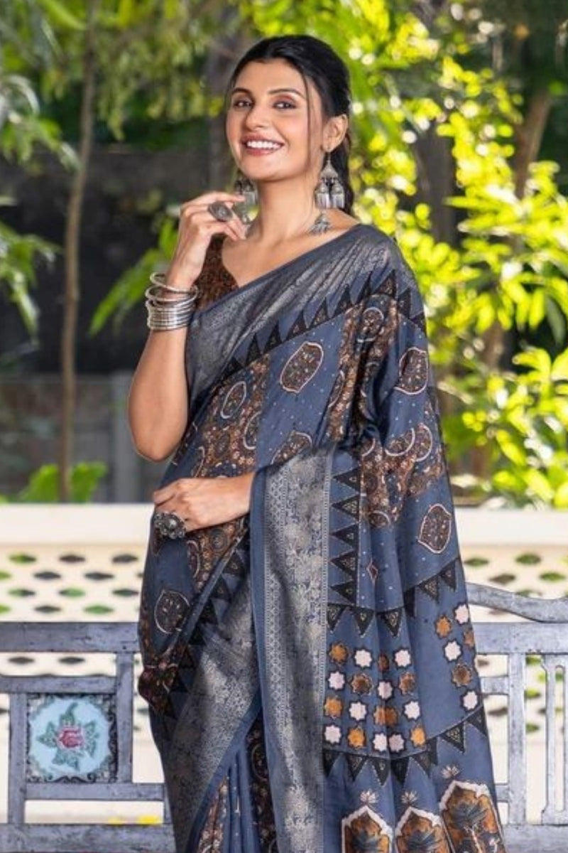 Grey - Merino Wool Block Print Ajrakh Saree with Tassels 02