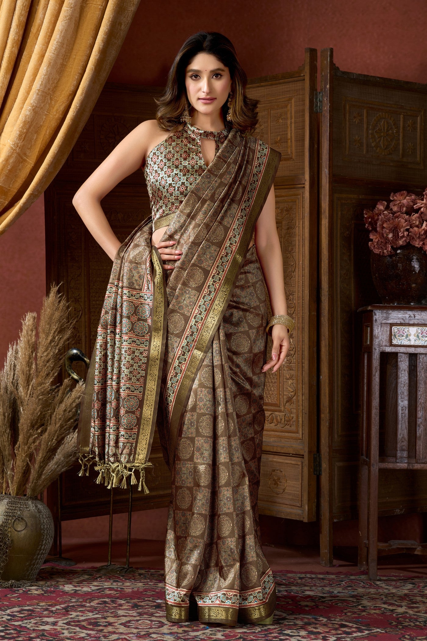 Buy MySilkLove Forest Green Ajrakh Printed Saree Online