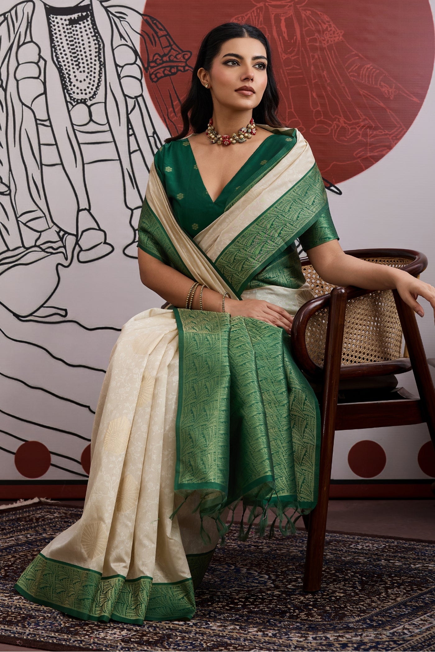 Buy MySilkLove Windsor Cream and Green Handloom South Silk Saree Online