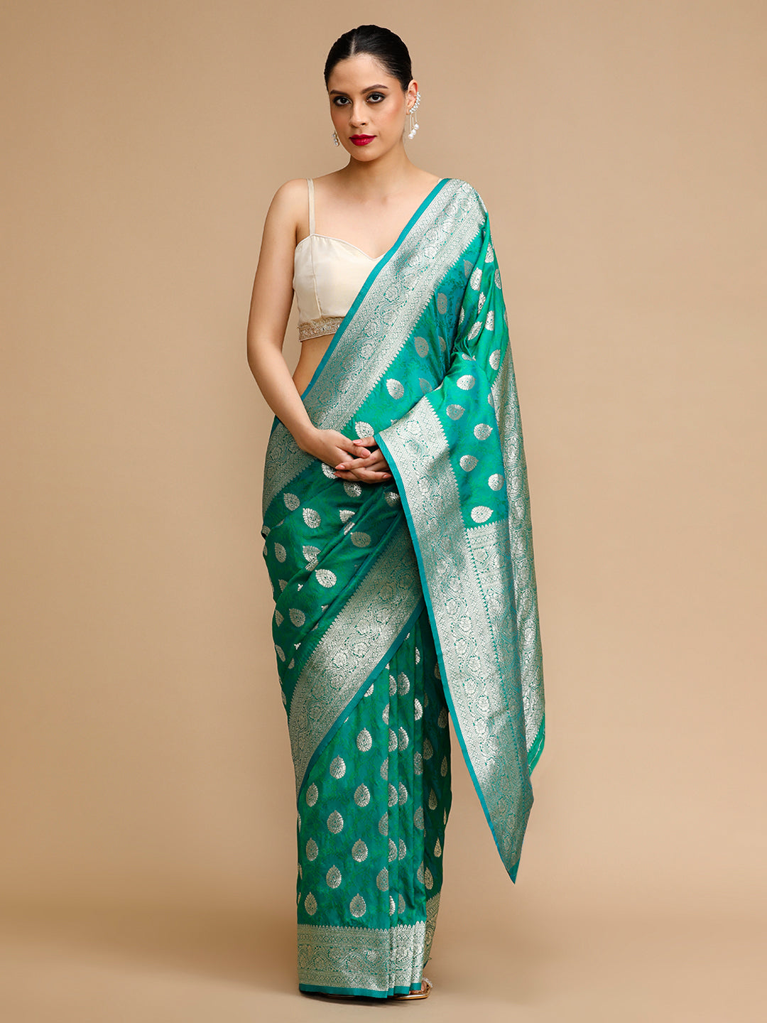 Buy MySilkLove Teal Green Woven Jacquard Lichi Silk Saree Online