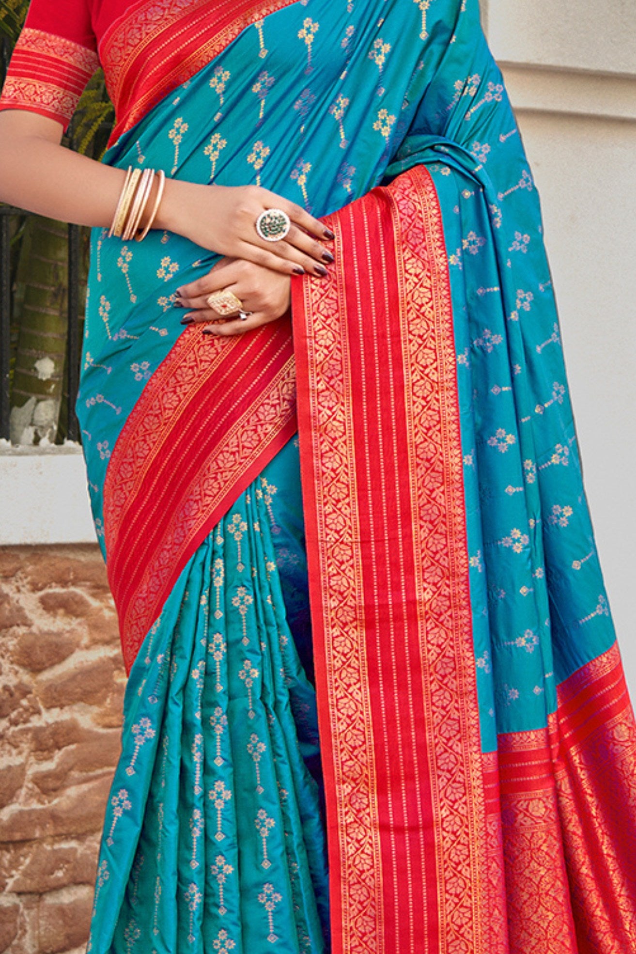 Buy MySilkLove Eastern Blue and Red Woven Banarasi Saree Online