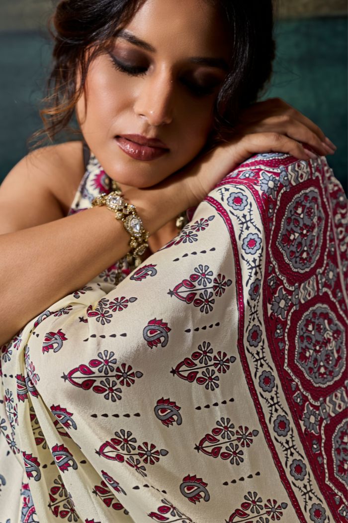 Buy MySilkLove Windsor Cream Modal Ajrakh Satin Printed Silk Saree Online