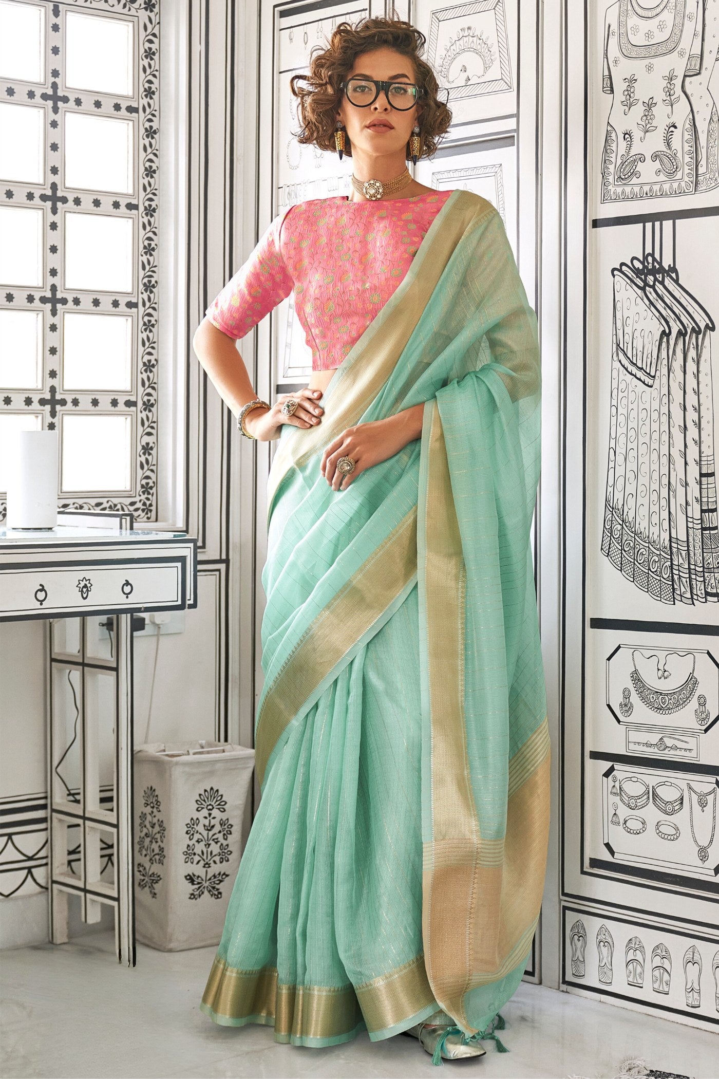 Buy MySilkLove Bright Turquoise Blue Chiffon Handloom Saree Online