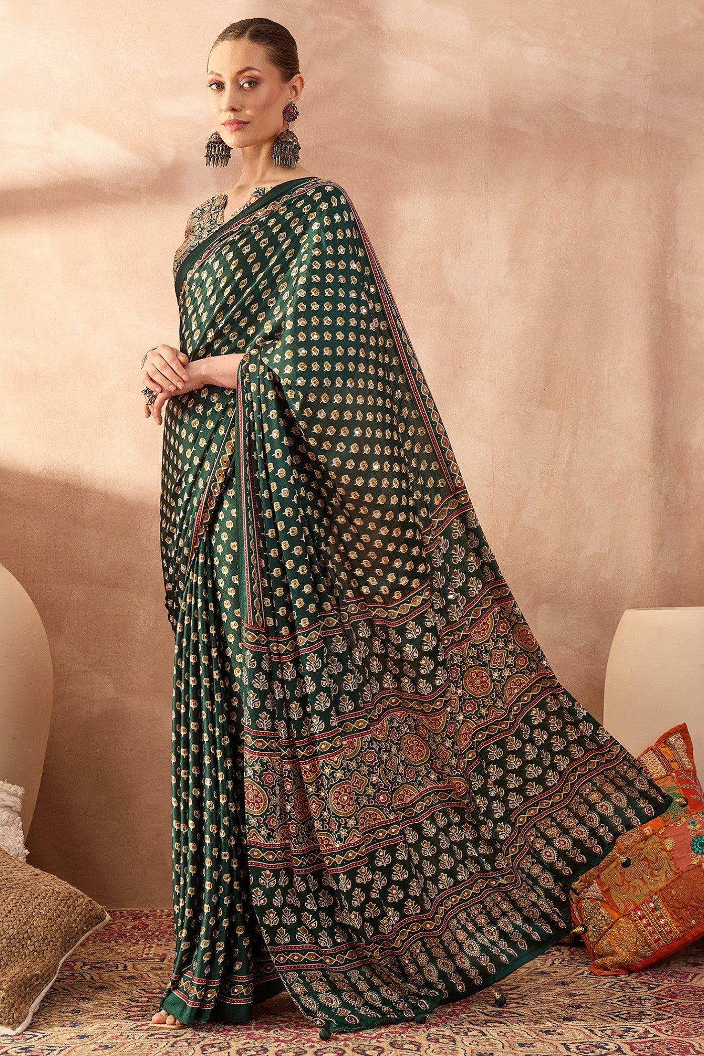 Buy MySilkLove Evergreen Modal Ajrakh Satin Printed Silk Saree Online