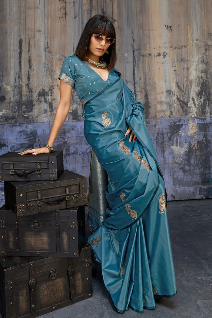 Buy MySilkLove Cyan Blue Handloom Satin Soft Silk Saree Online