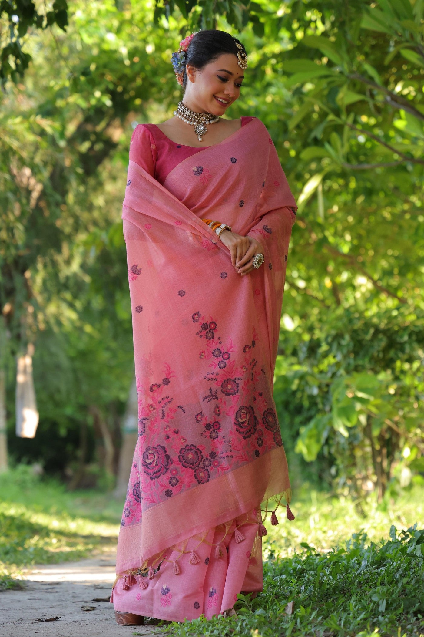 Buy MySilkLove Rich Pink Muga Cotton Saree Online