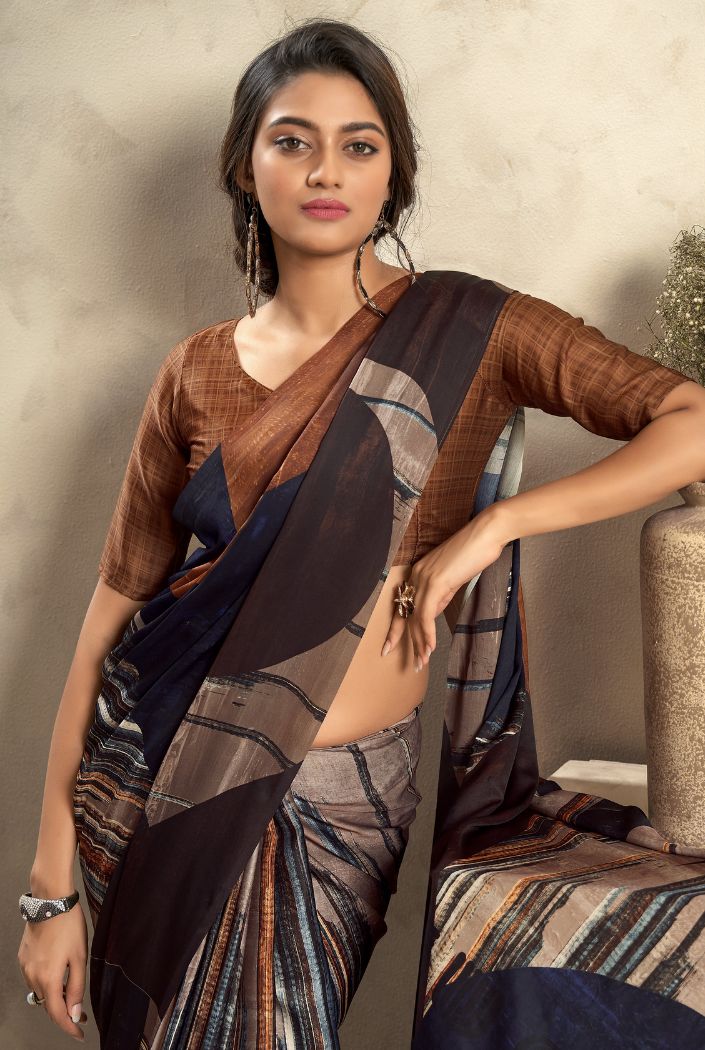MySilkLove Umber Brown and Black Printed Satin Silk Saree