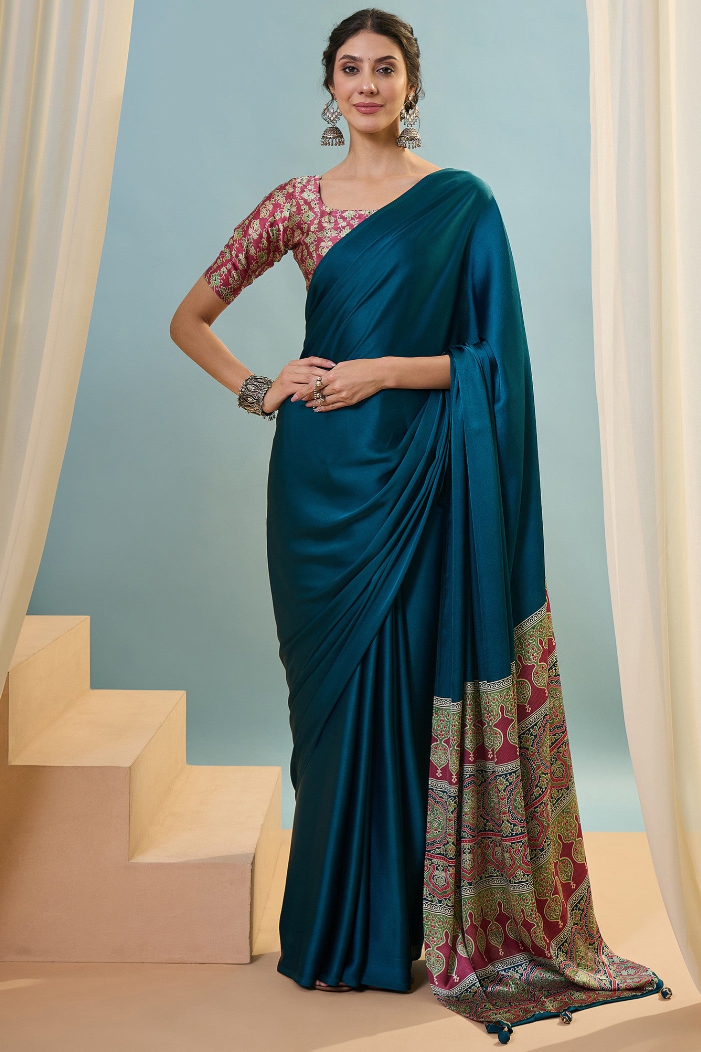 Buy MySilkLove Arcane Blue Ajrakh Printed Satin Crepe Silk Saree Online