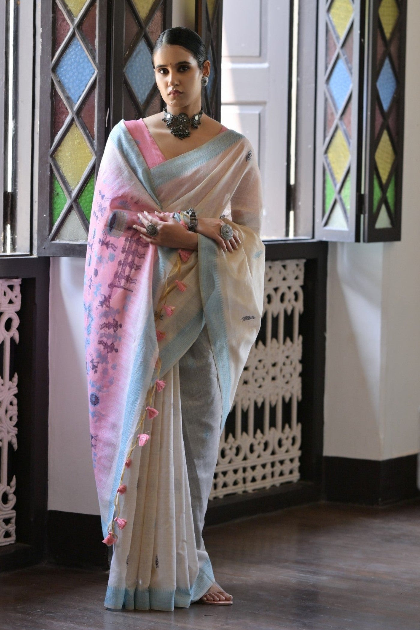 Buy MySilkLove Shell White and Pink Muga Cotton Saree Online