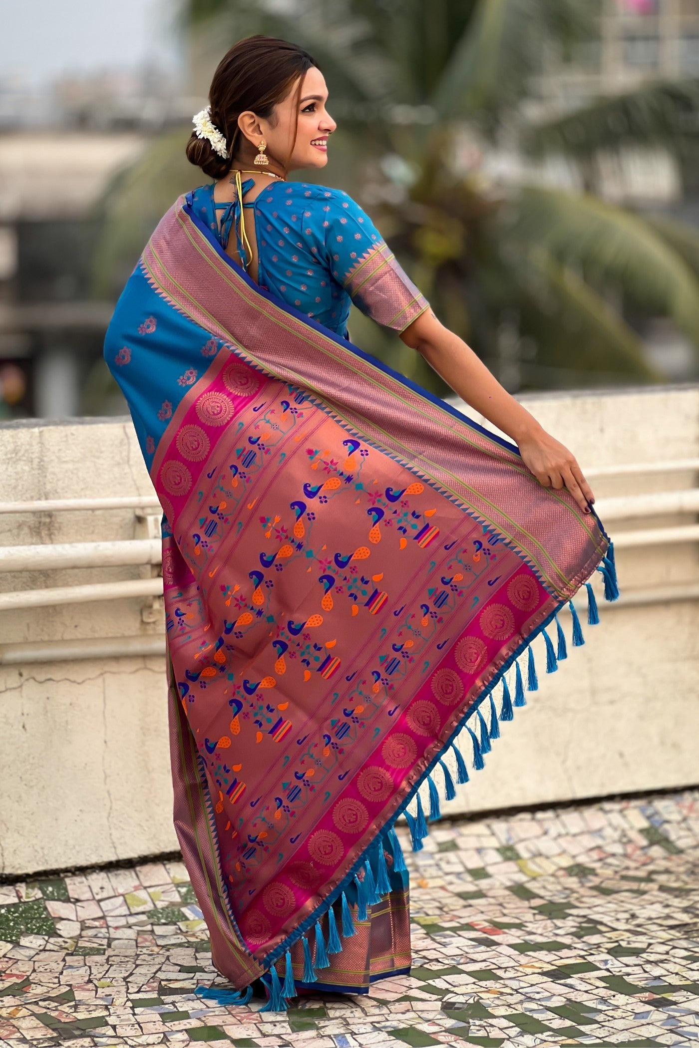 Buy MySilkLove Congress Blue Zari Woven Nath Paithani Saree Online