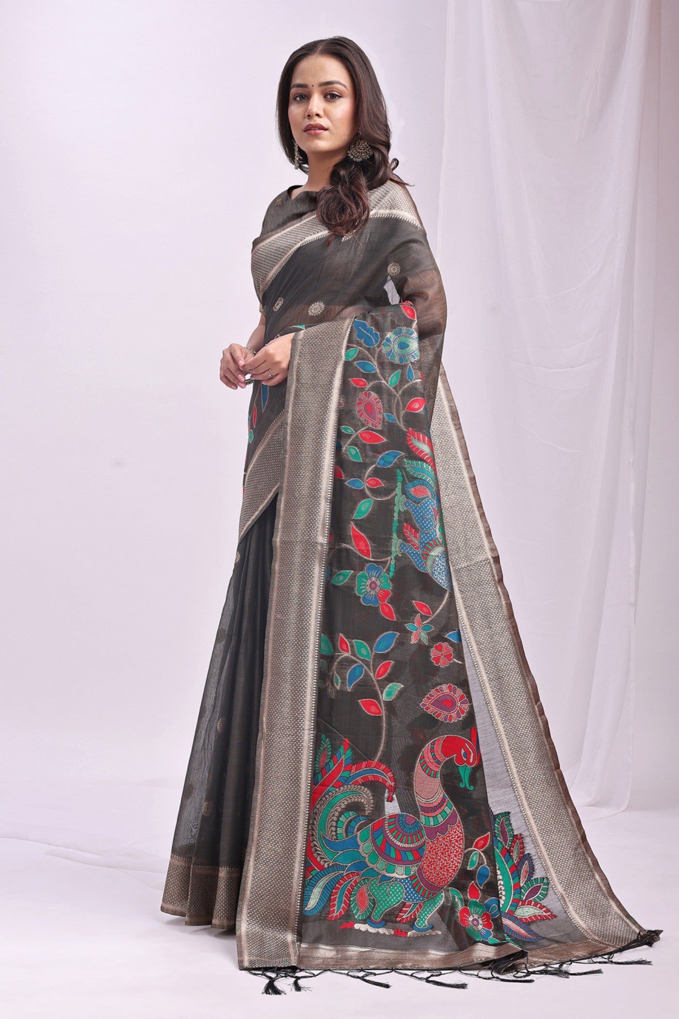 Buy MySilkLove Cloudy Grey Woven Linen Cotton Saree Online
