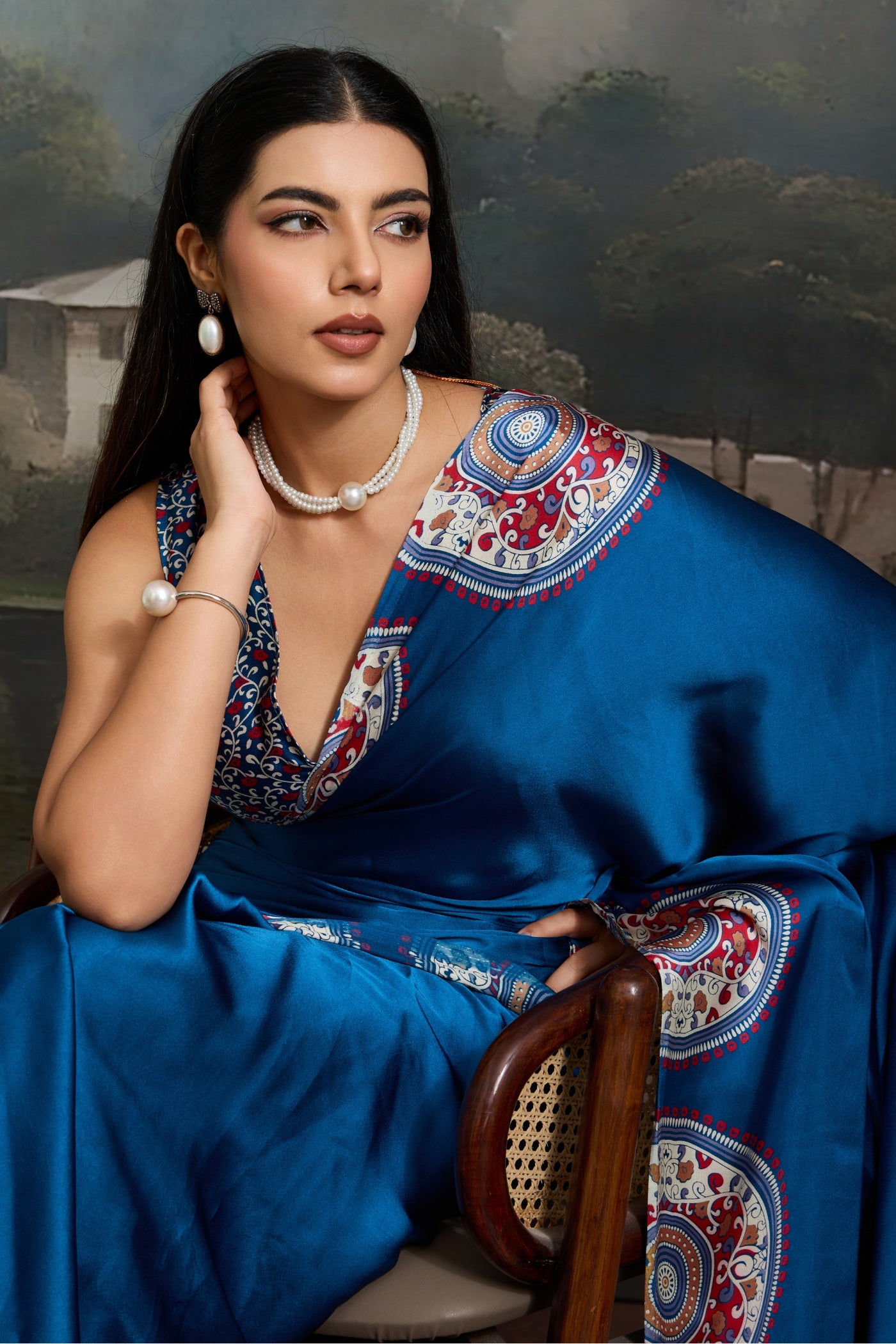 MySilkLove French Blue Modal Ajrakh Printed Silk Saree