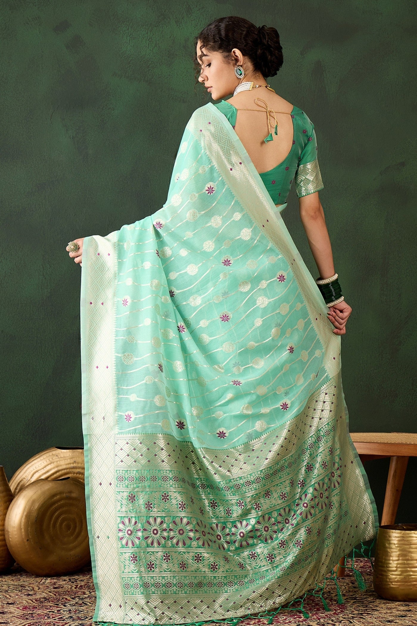 MySilkLove Sage Green Woven Cotton Saree