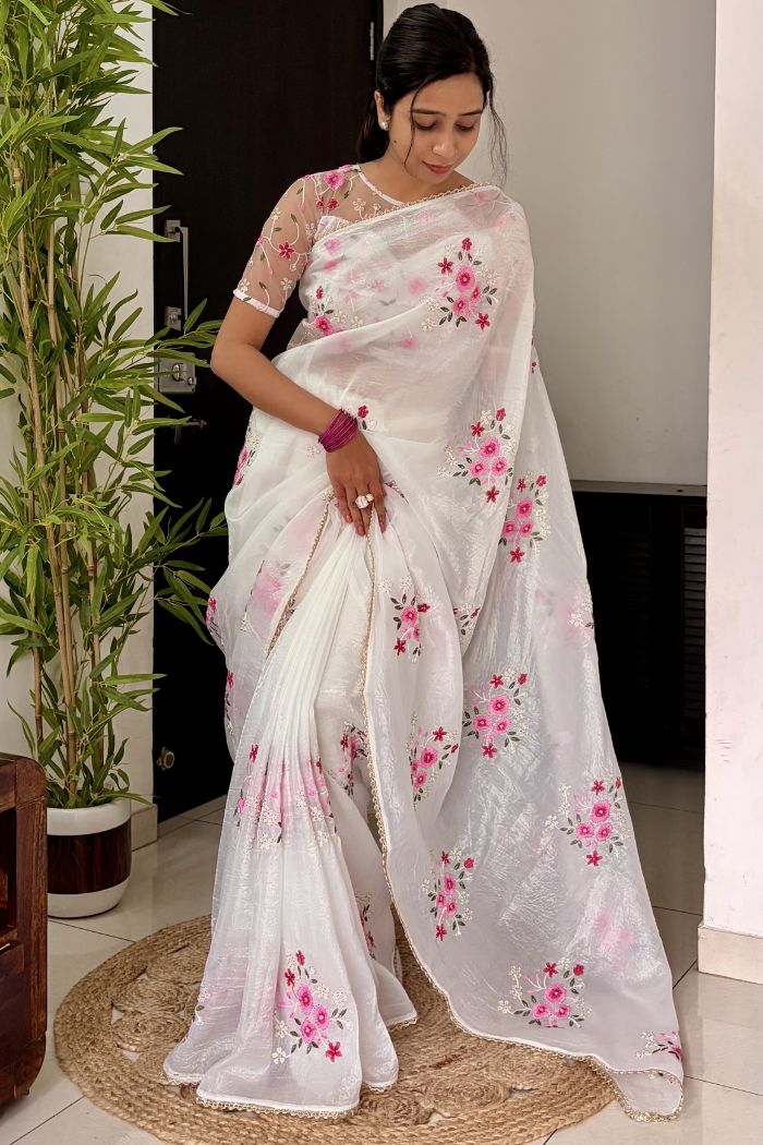 Buy MySilkLove Crystal White Floral Hand Embroidered Crush Tissue Saree Online