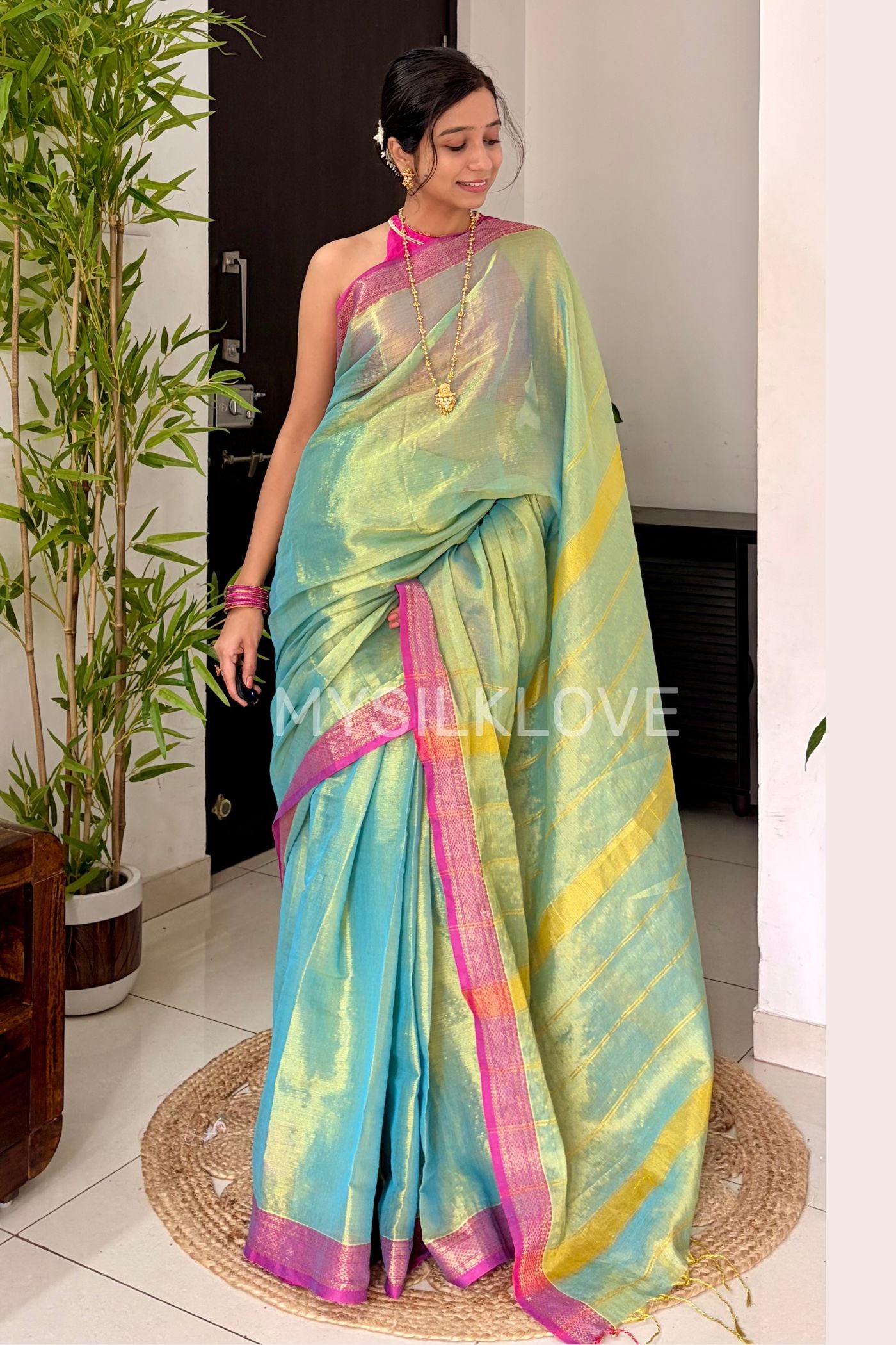 Buy MySilkLove Moss Green Tissue Woven Silk Saree Online