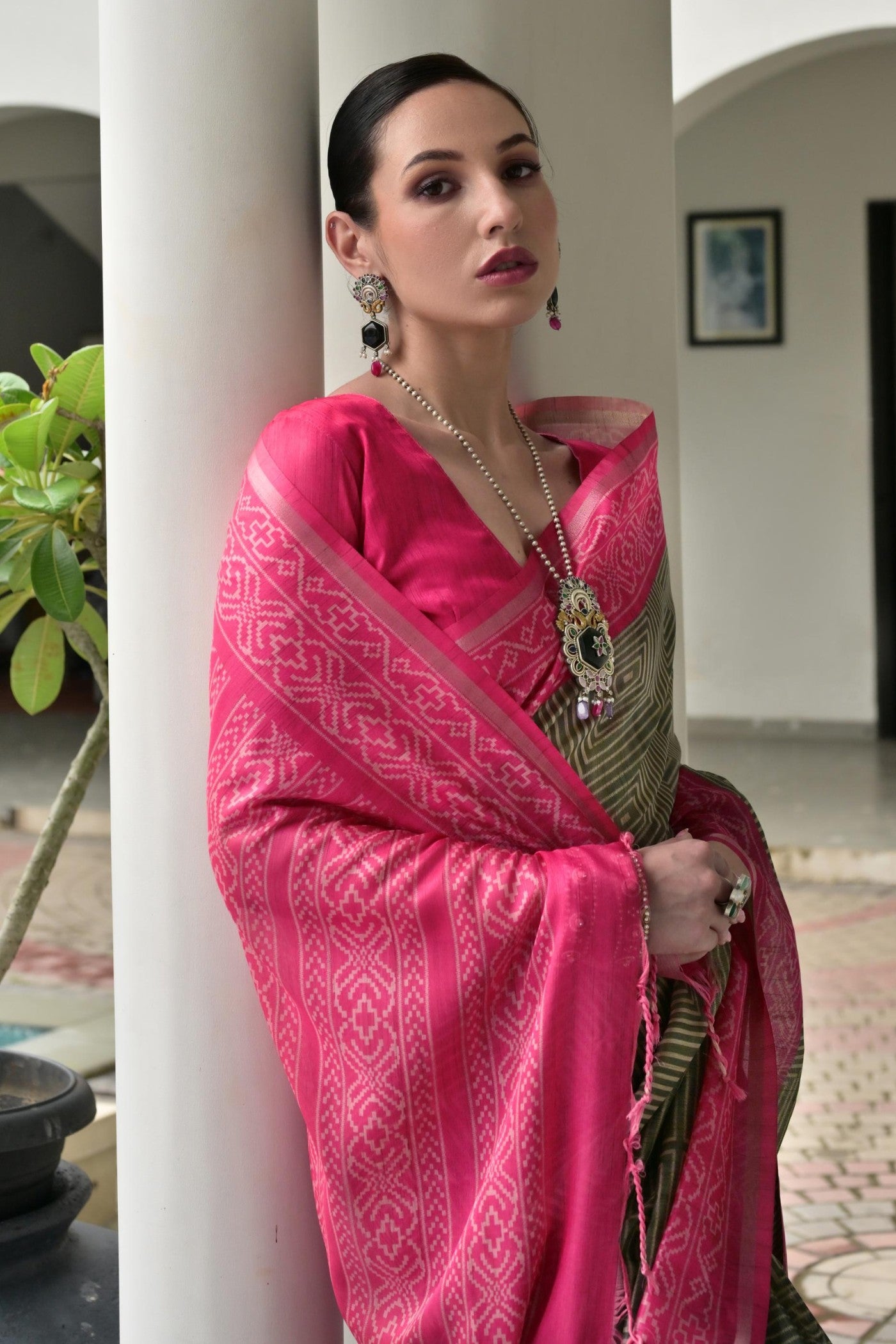 Buy MySilkLove Swamp Green and Pink Printed Tussar Silk Saree Online