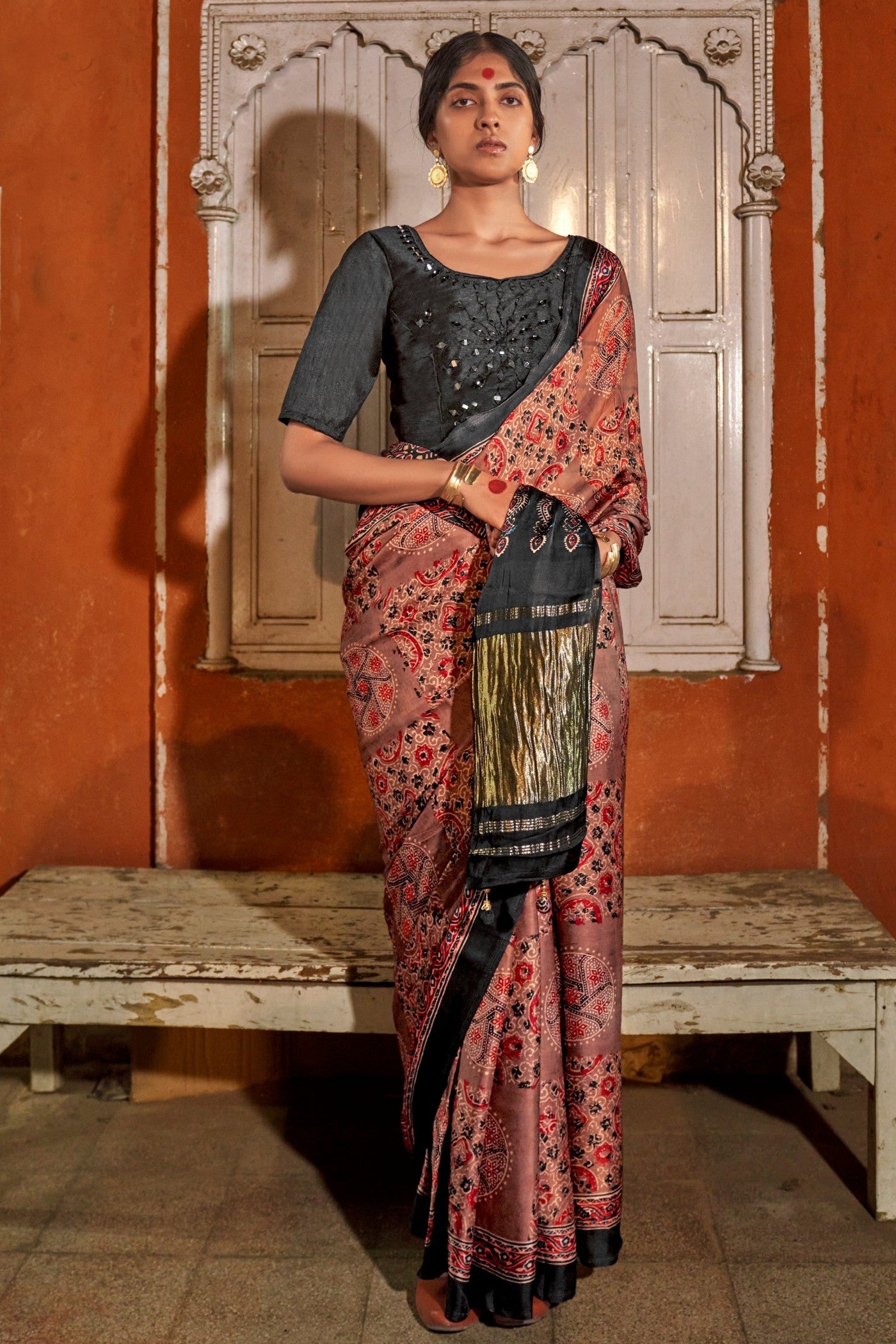 Buy MySilkLove Plum Peach and Black Ajrakh Handprinted Satin Saree Online